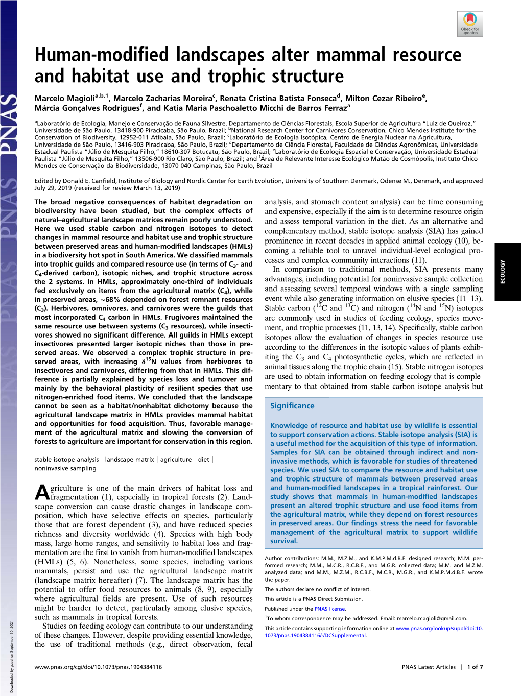 Human-Modified Landscapes Alter Mammal Resource and Habitat Use and Trophic Structure