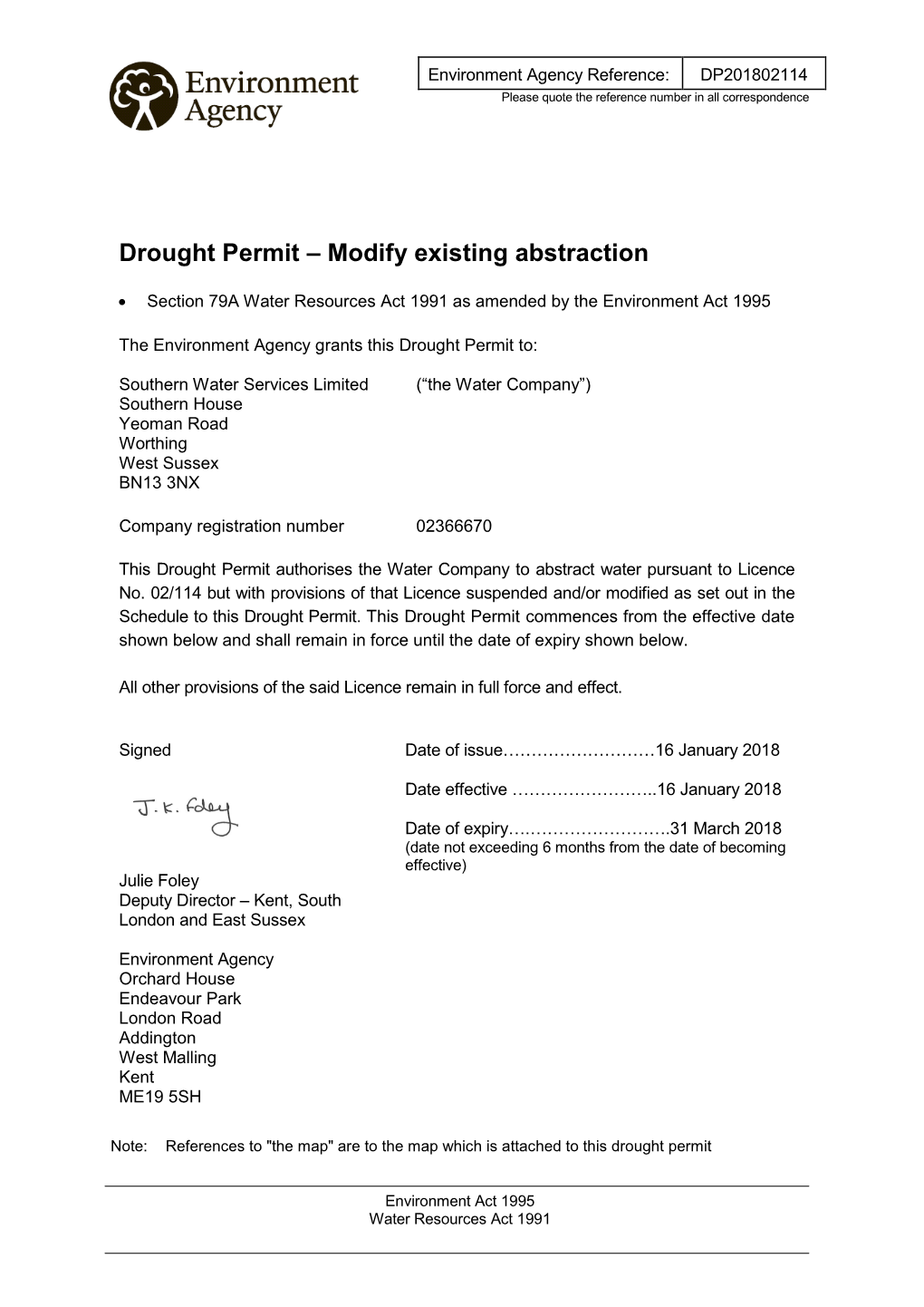 Drought Permit – Modify Existing Abstraction