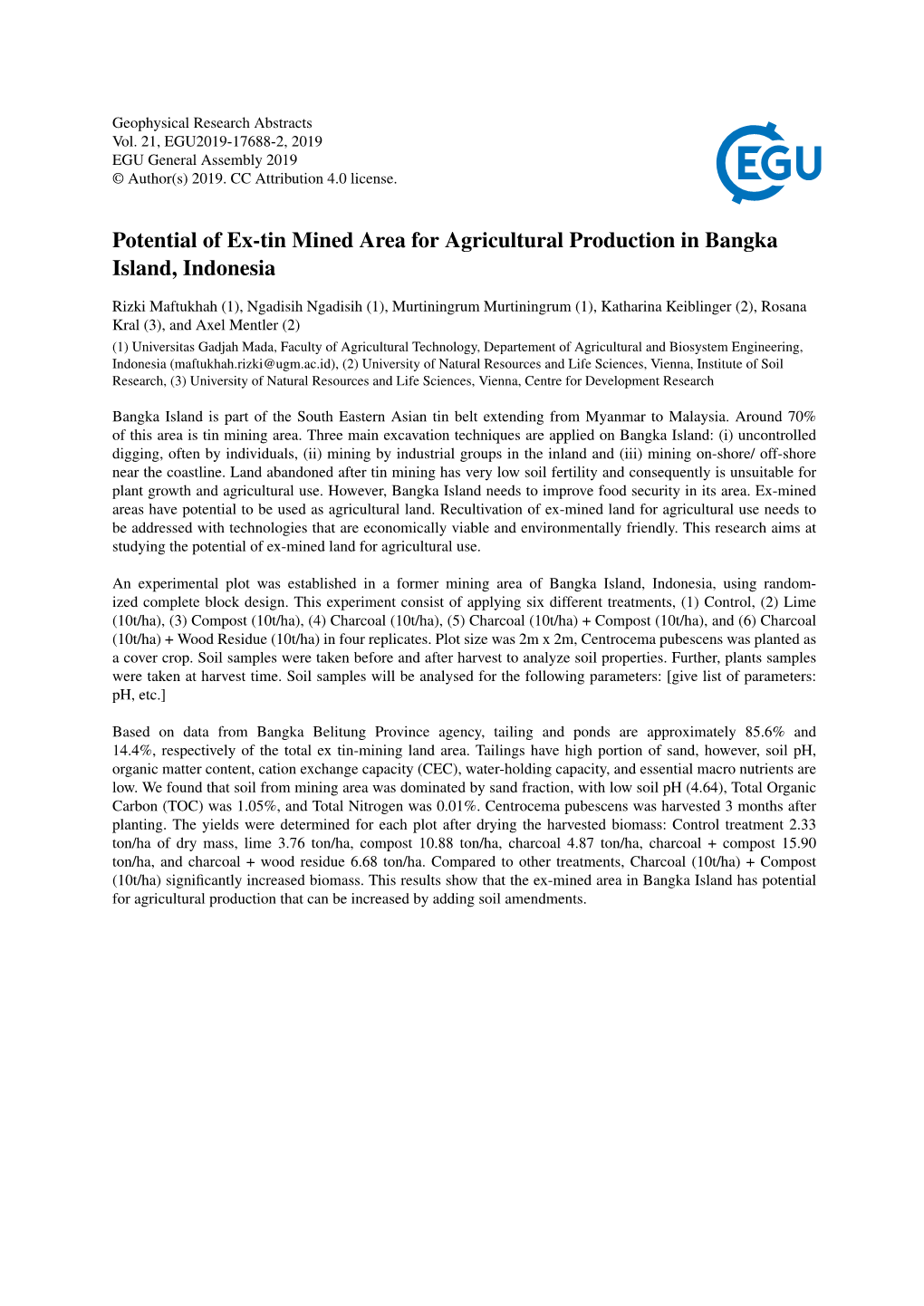 Potential of Ex-Tin Mined Area for Agricultural Production in Bangka Island, Indonesia