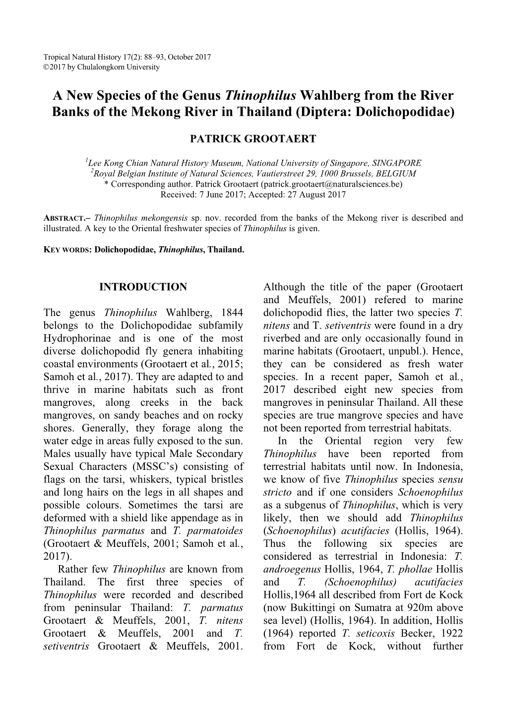 A New Species of the Genus Thinophilus Wahlberg from the River Banks of the Mekong River in Thailand (Diptera: Dolichopodidae)