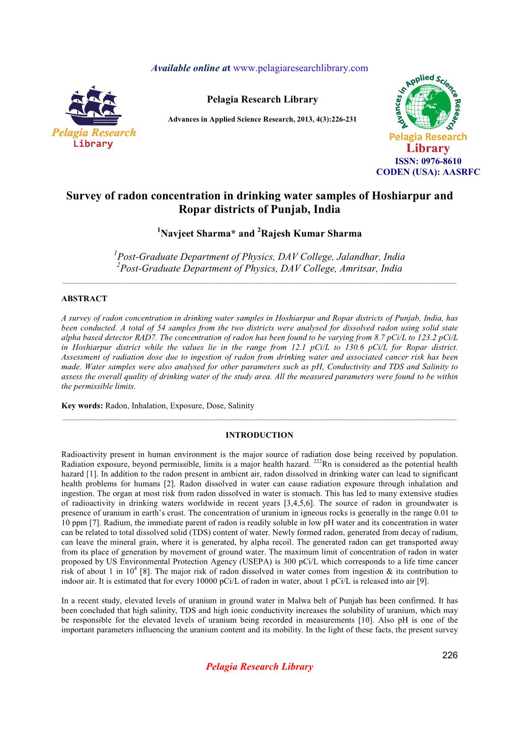 Survey of Radon Concentration in Drinking Water Samples of Hoshiarpur and Ropar Districts of Punjab, India