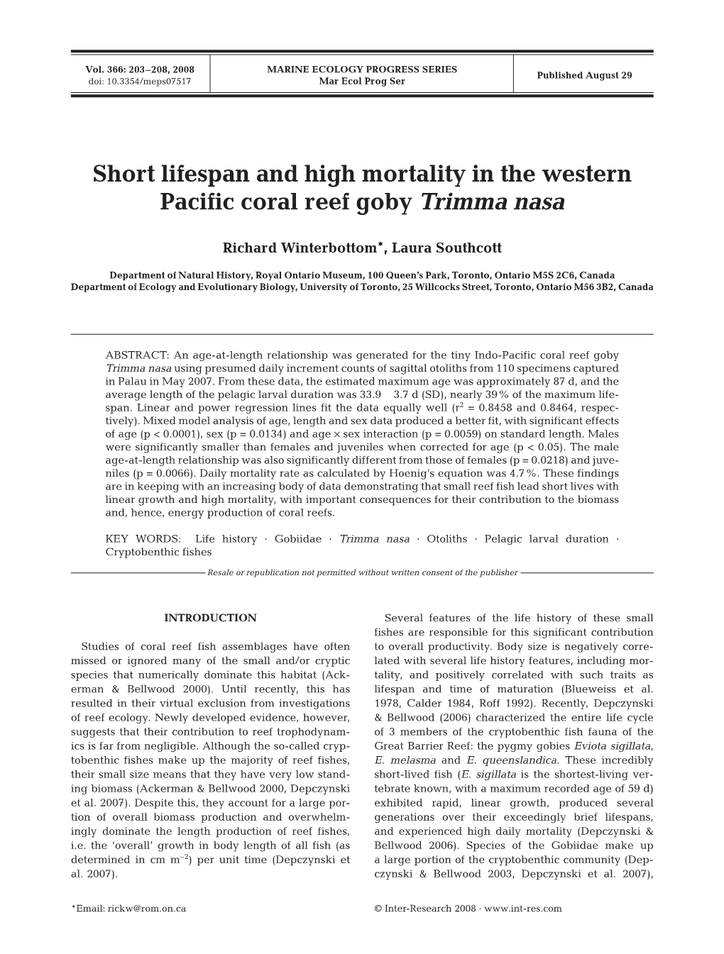 Short Lifespan and High Mortality in the Western Pacific Coral Reef Goby Trimma Nasa