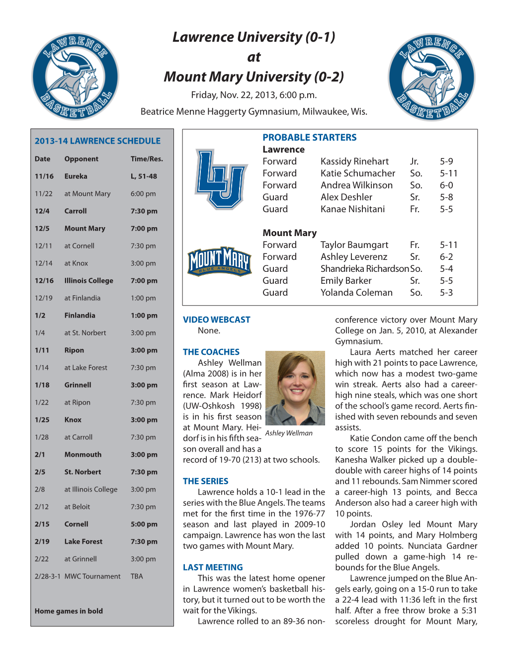 Lawrence University (0-1) at Mount Mary University (0-2) Friday, Nov