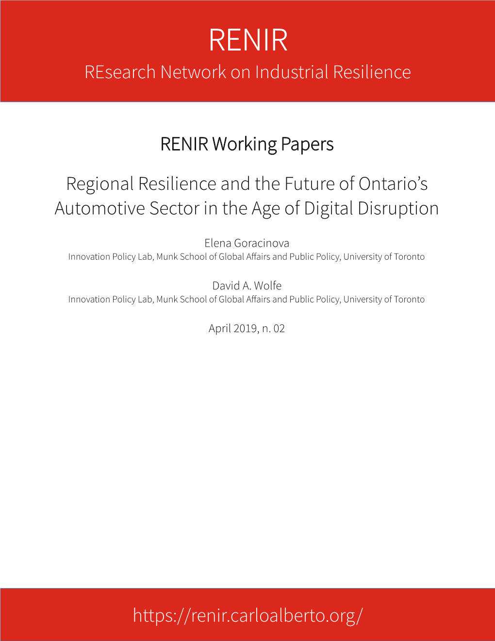 RENIR Working Papers Regional Resilience and the Future Of