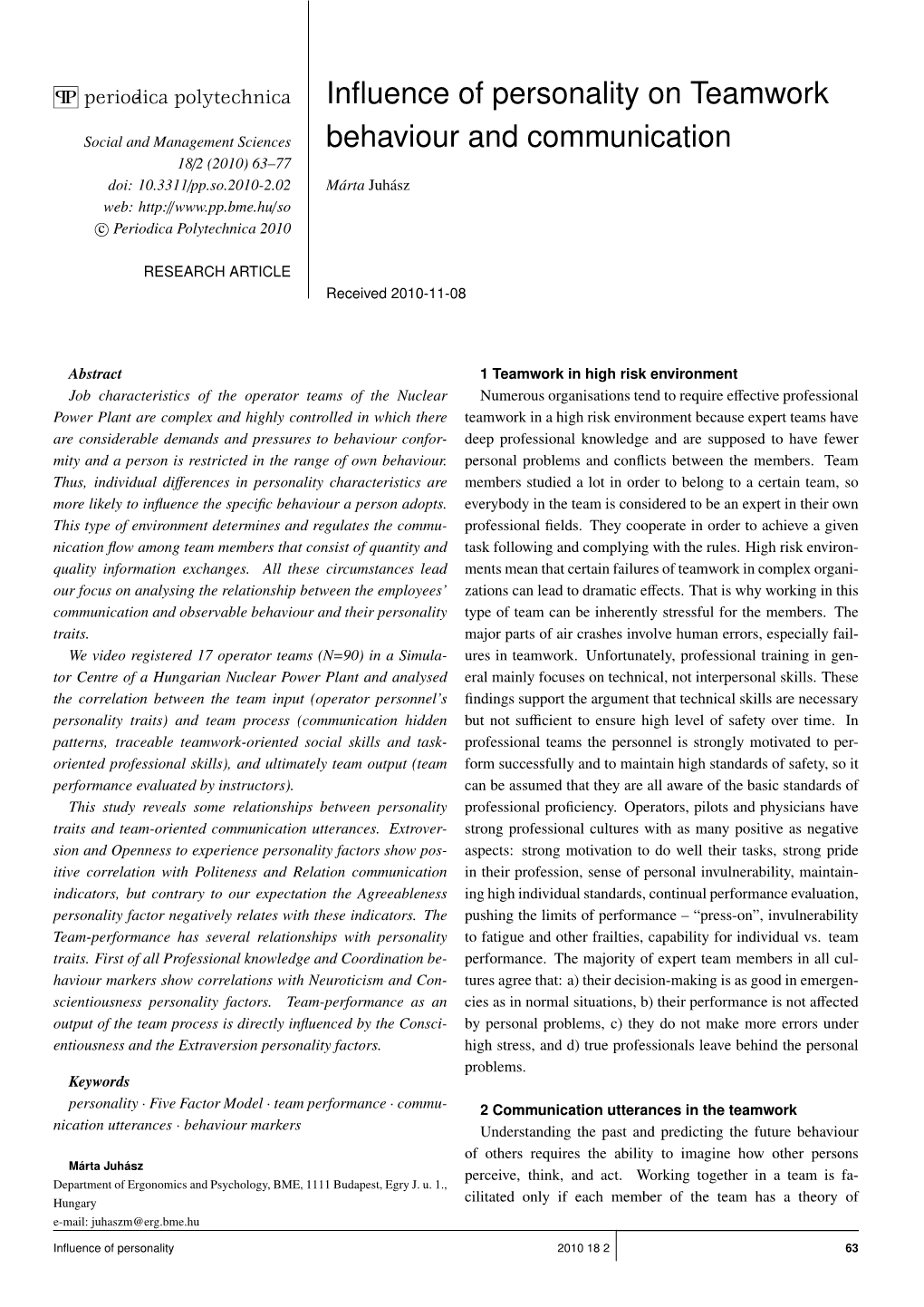 Influence of Personality on Teamwork Behaviour and Communication