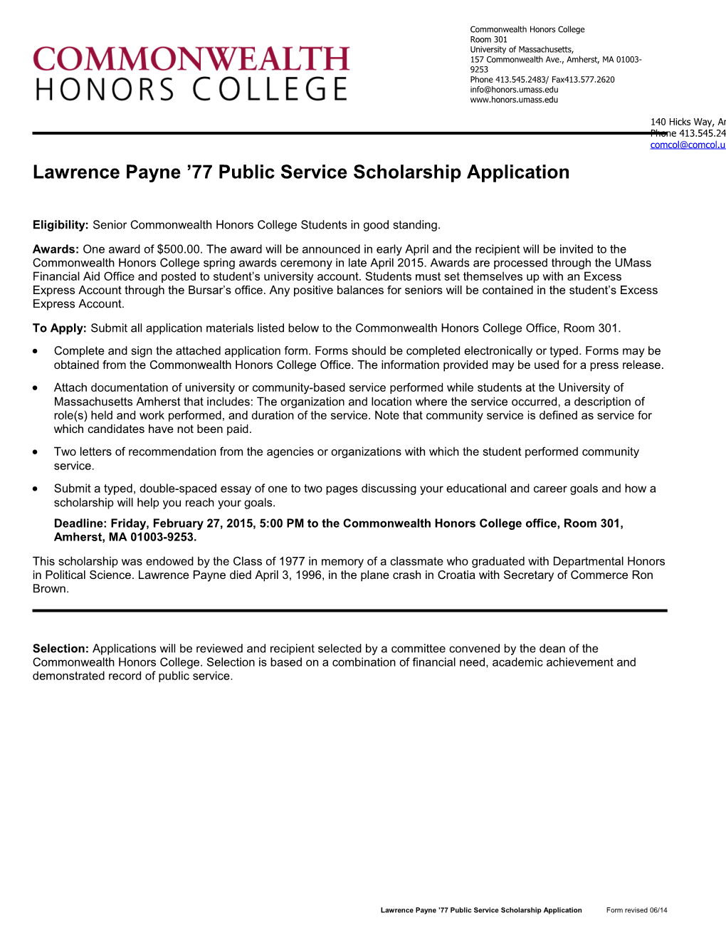 Lawrence Payne 77 Public Service Scholarship Application