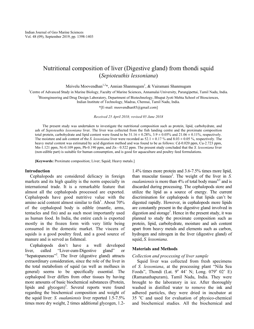 Nutritional Composition of Liver (Digestive Gland) from Thondi Squid (Sepioteuthis Lessoniana)