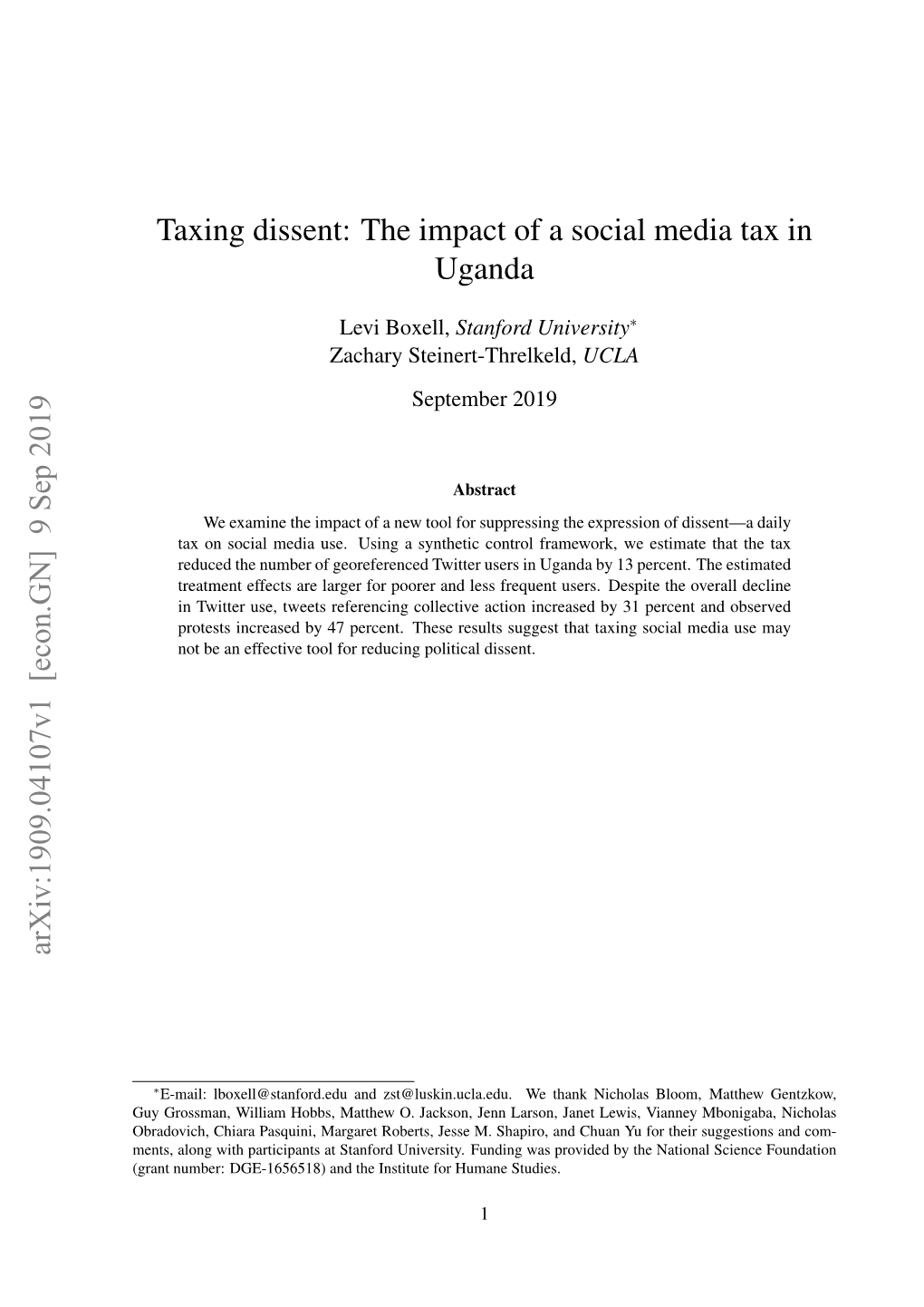 Taxing Dissent: the Impact of a Social Media Tax in Uganda Arxiv:1909.04107V1 [Econ.GN] 9 Sep 2019