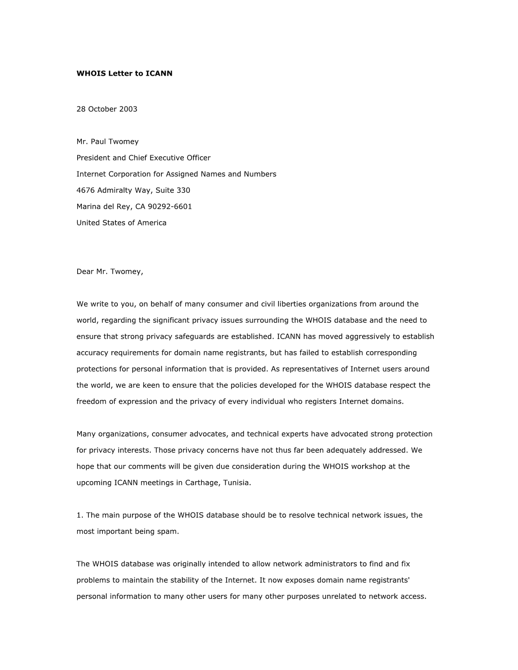 WHOIS Letter to ICANN 28 October 2003 Mr. Paul Twomey President