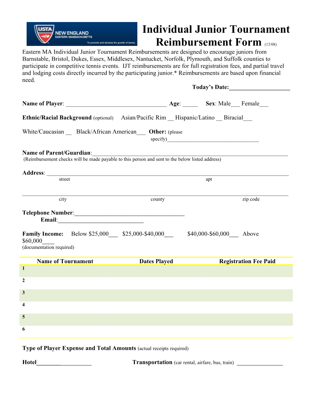 Individual Junior Tournament Reimbursement Form (12/08)