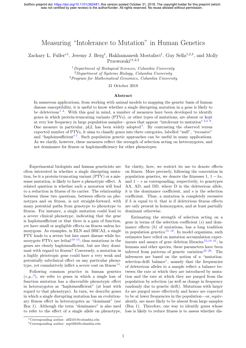 Measuring “Intolerance to Mutation” in Human Genetics