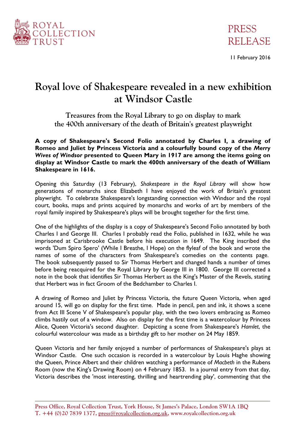 PRESS RELEASE Royal Love of Shakespeare Revealed in a New