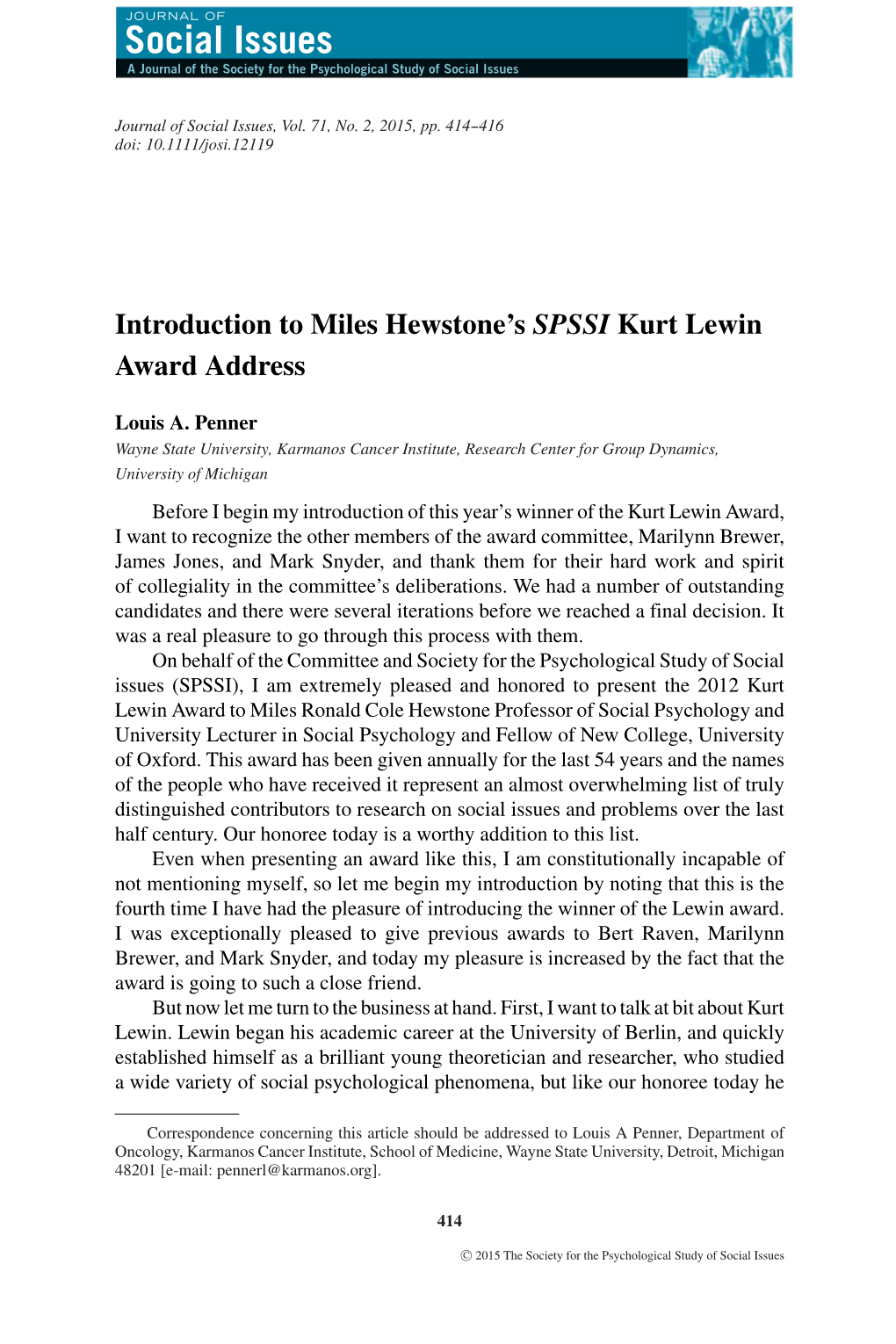 <I>SPSSI</I> Kurt Lewin Award Address