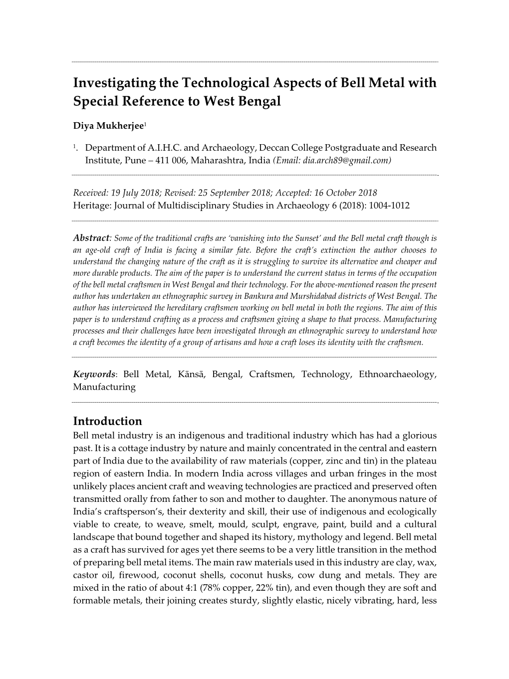 Investigating the Technological Aspects of Bell Metal with Special Reference to West Bengal