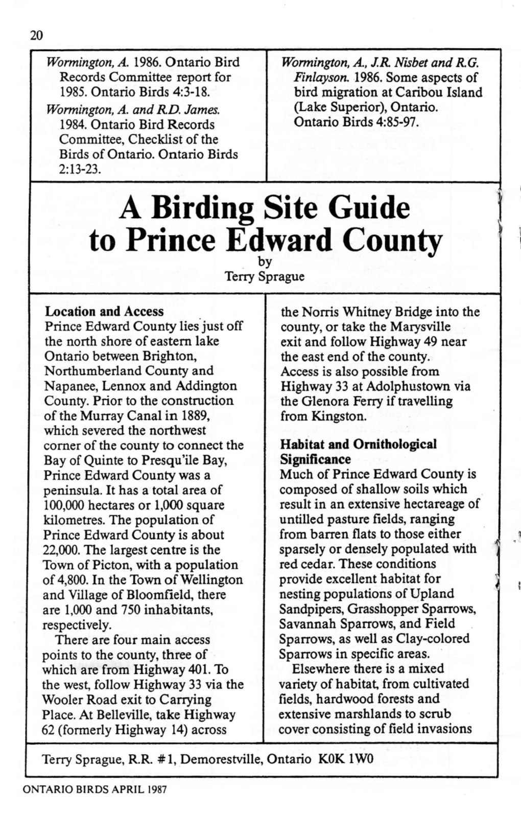 A Birding Site Guide to Prince Edward County