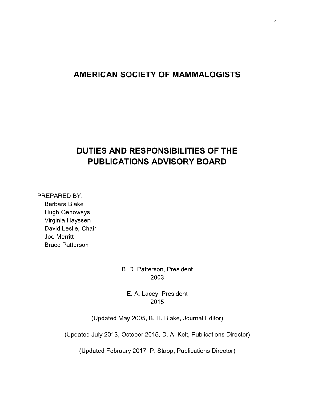 American Society of Mammalogists Duties and Responsibilities of the Publications Advisory Board