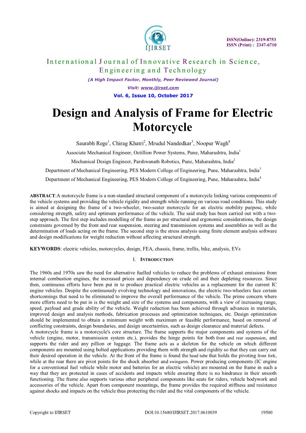 Design and Analysis of Frame for Electric Motorcycle