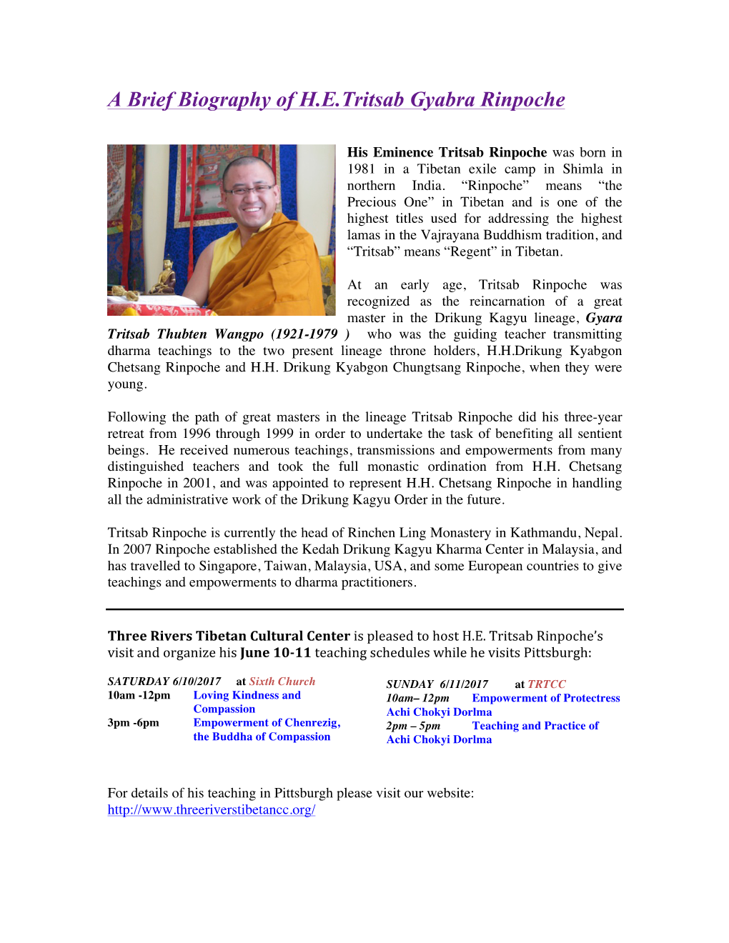 His Eminence Tritsab Rinpoche Brief Biography