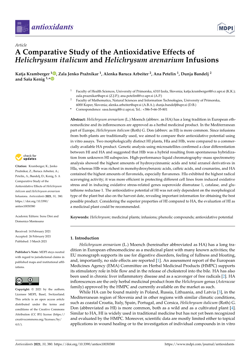 A Comparative Study of the Antioxidative Effects of Helichrysum Italicum and Helichrysum Arenarium Infusions