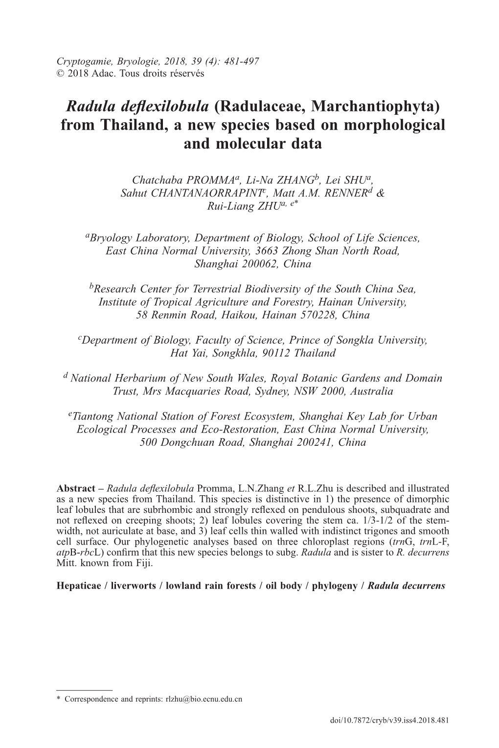 Radula Deflexilobula (Radulaceae, Marchantiophyta) from Thailand, a New Species Based on Morphological and Molecular Data