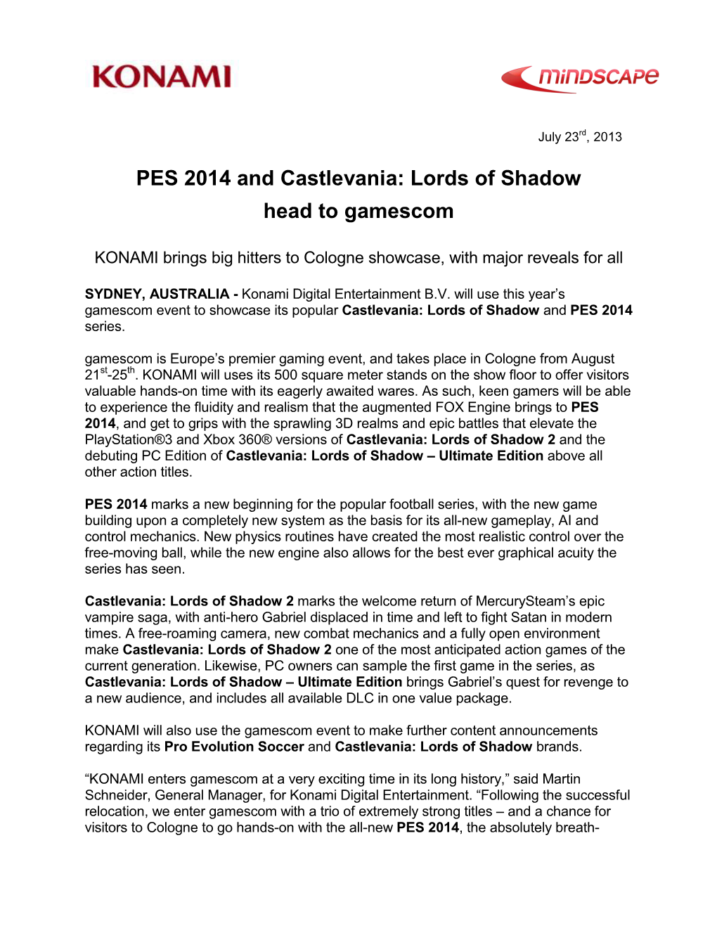 PES 2014 and Castlevania: Lords of Shadow Head to Gamescom