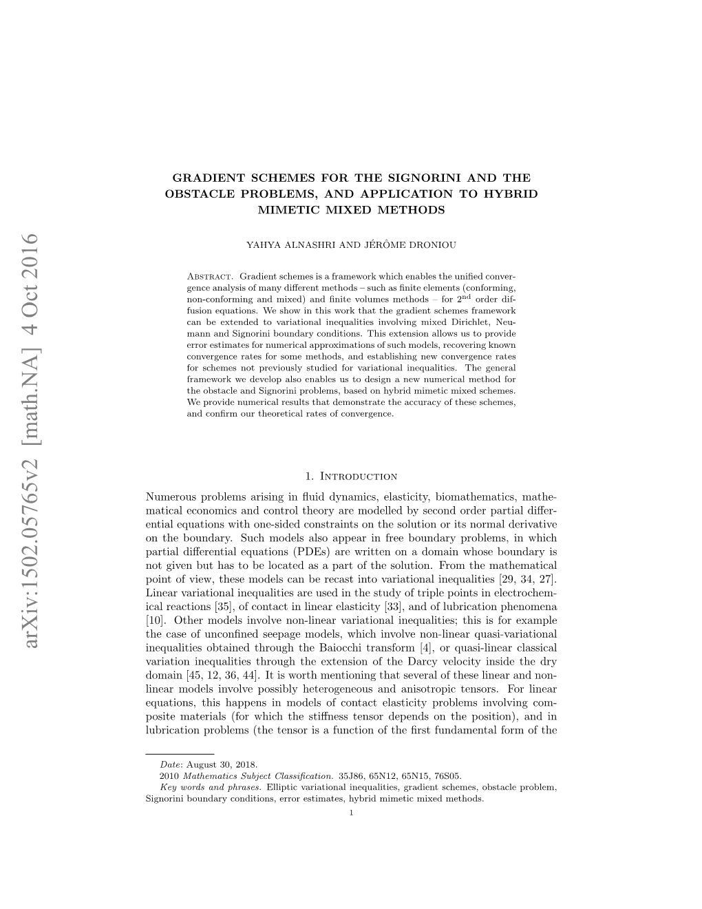 Gradient Schemes for the Signorini and the Obstacle Problems, and Application to Hybrid Mimetic Mixed Methods