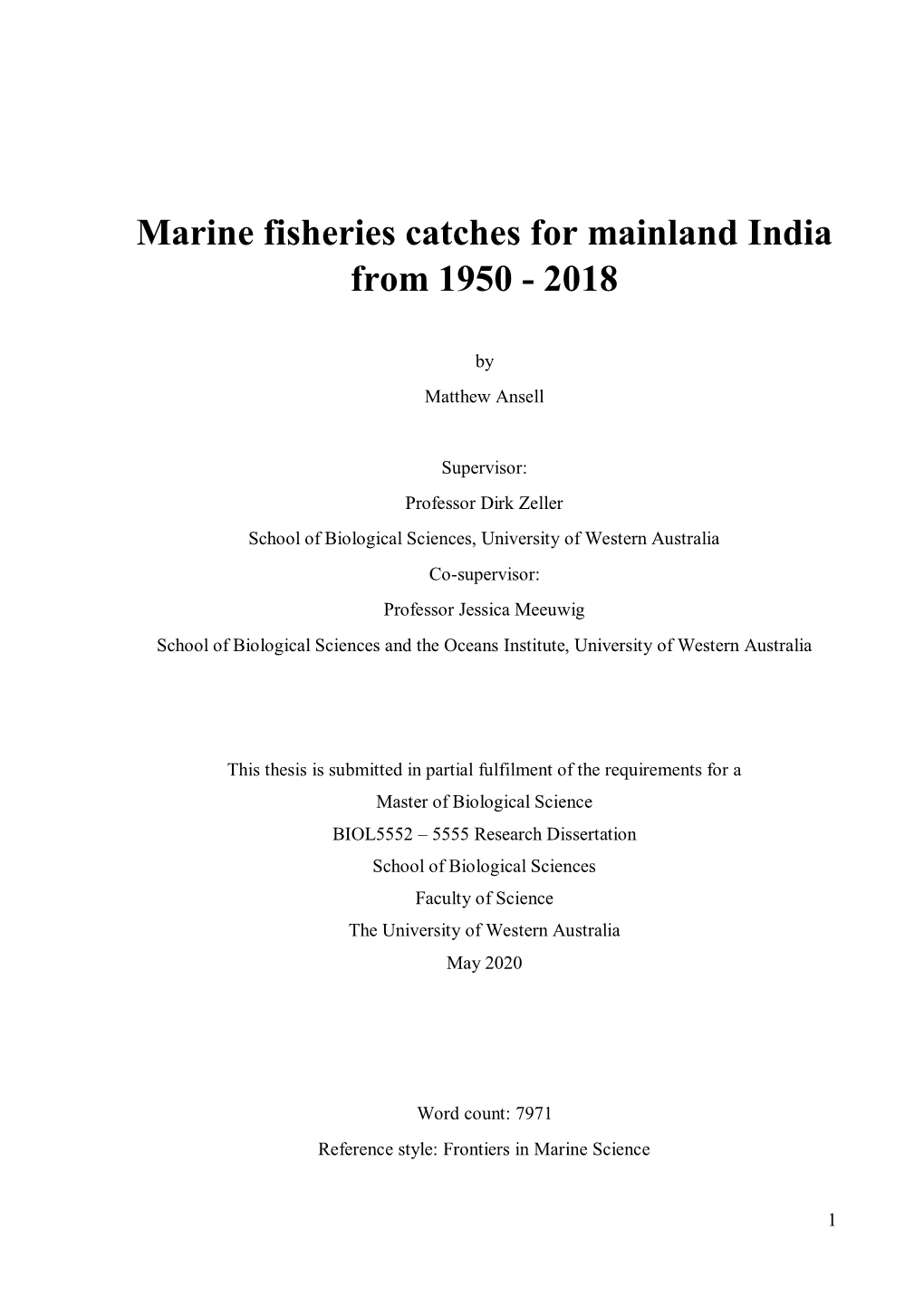 Marine Fisheries Catches for Mainland India from 1950 - 2018