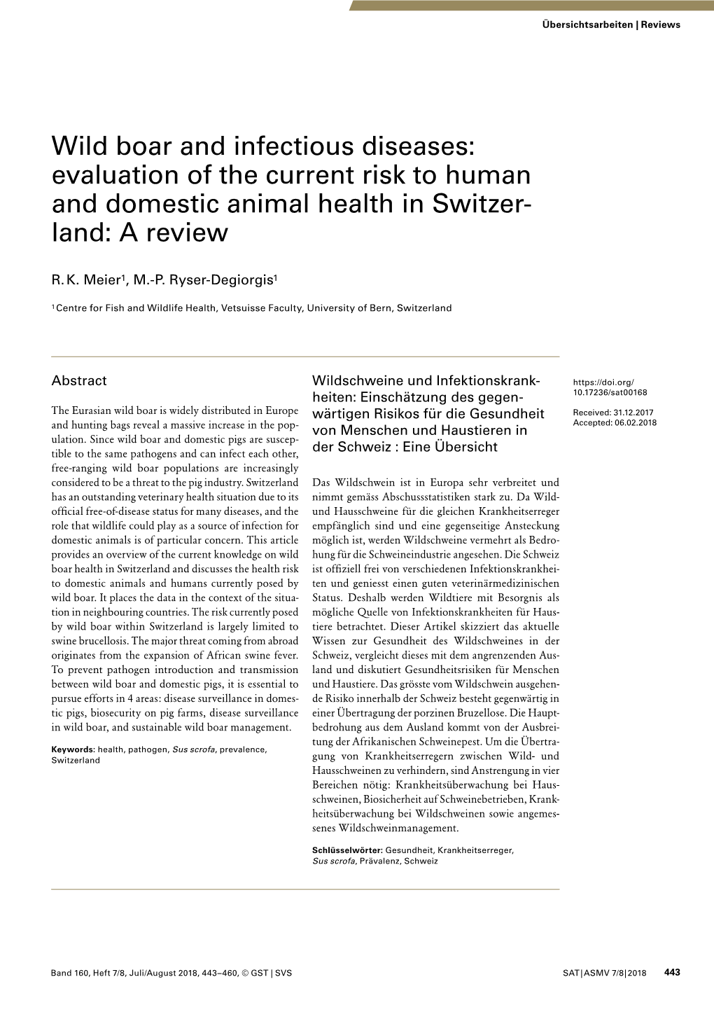 Wild Boar and Infectious Diseases: Evaluation of the Current Risk to Human and Domestic Animal Health in Switzer- Land: a Review