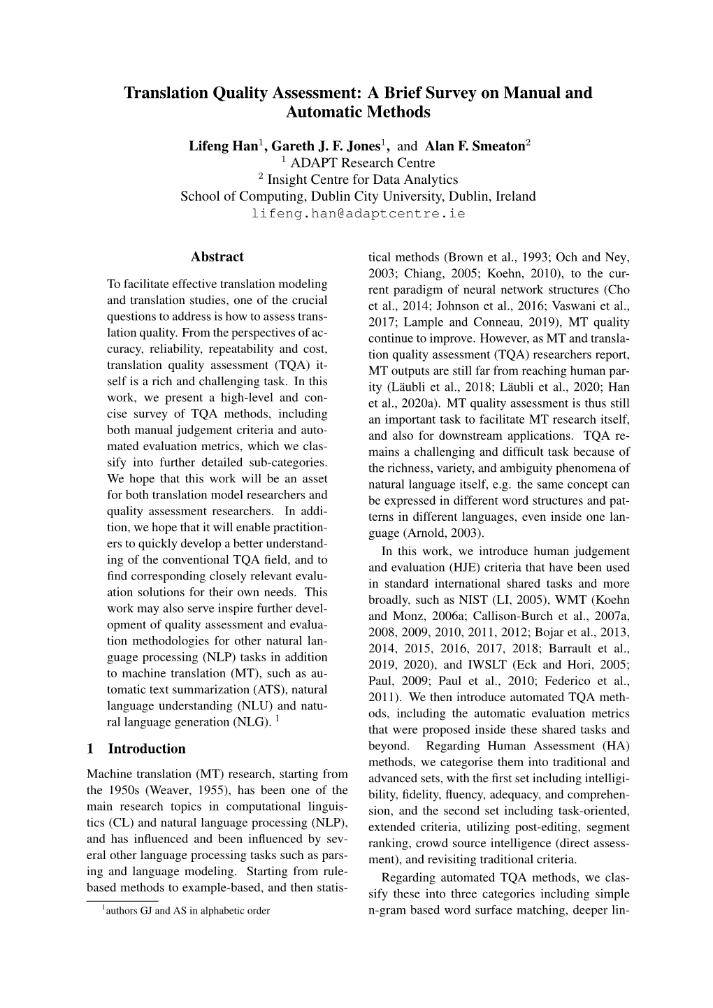 Translation Quality Assessment: a Brief Survey on Manual and Automatic Methods