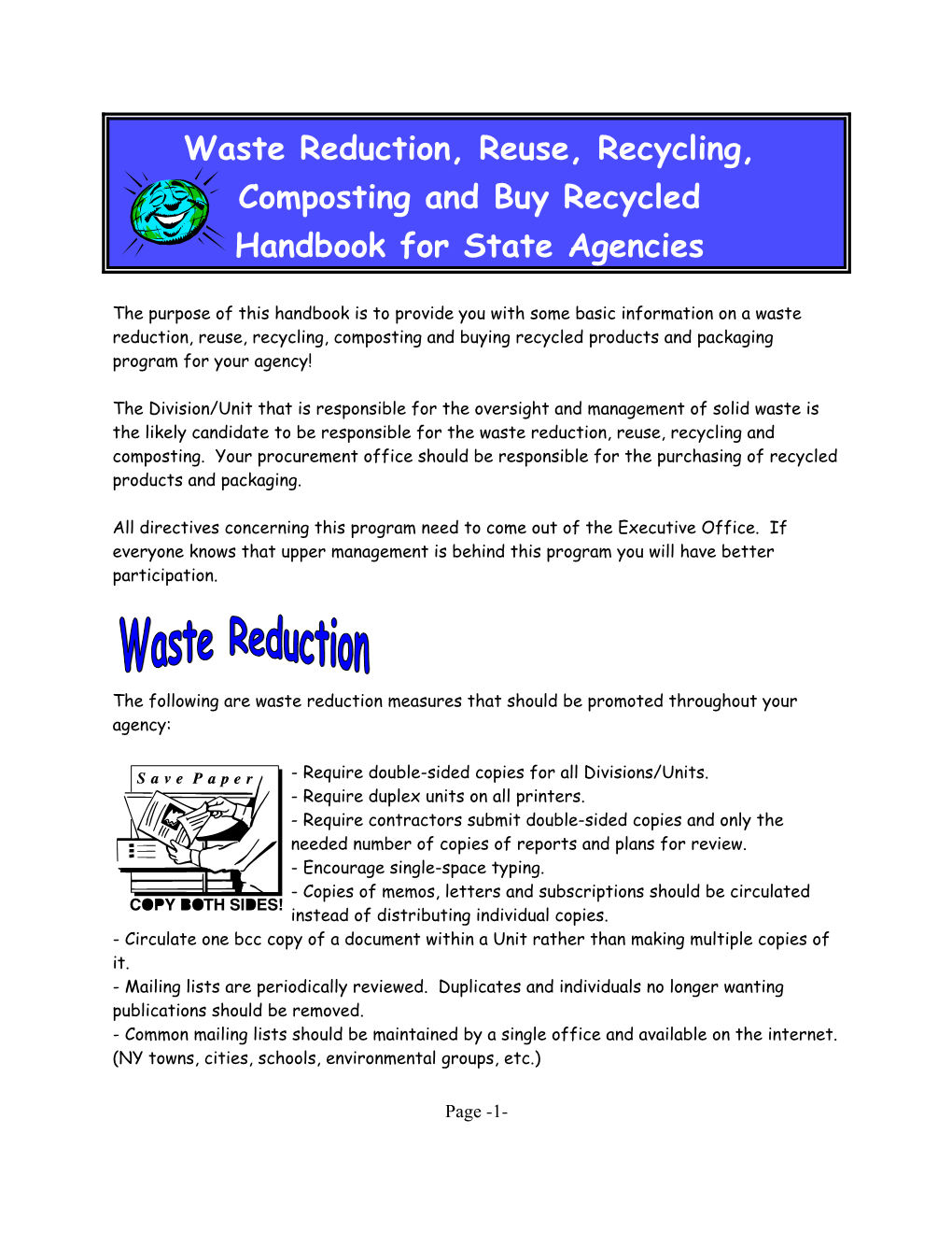 Waste Reduction, Reuse, Recycling, Composting and Buy Recycled Handbook for State Agencies