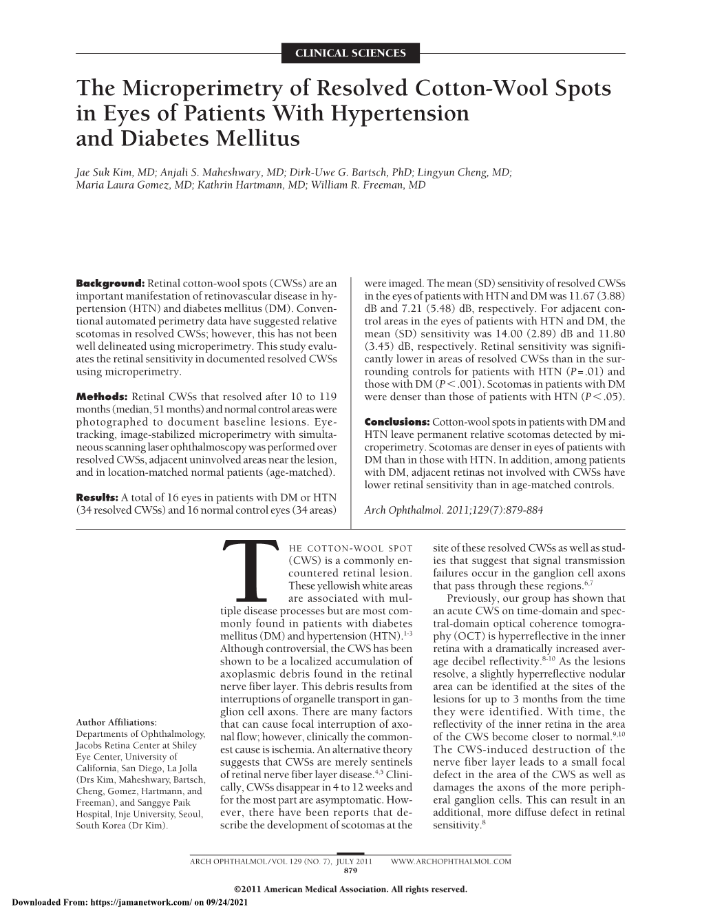 The Microperimetry of Resolved Cotton-Wool Spots in Eyes of Patients with Hypertension and Diabetes Mellitus