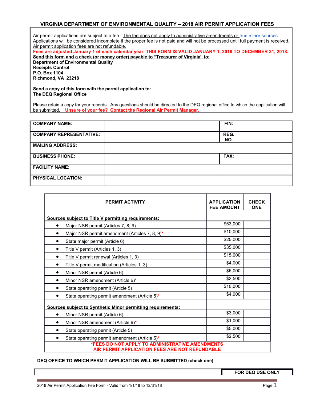Air Permit Application Fee Form-2018