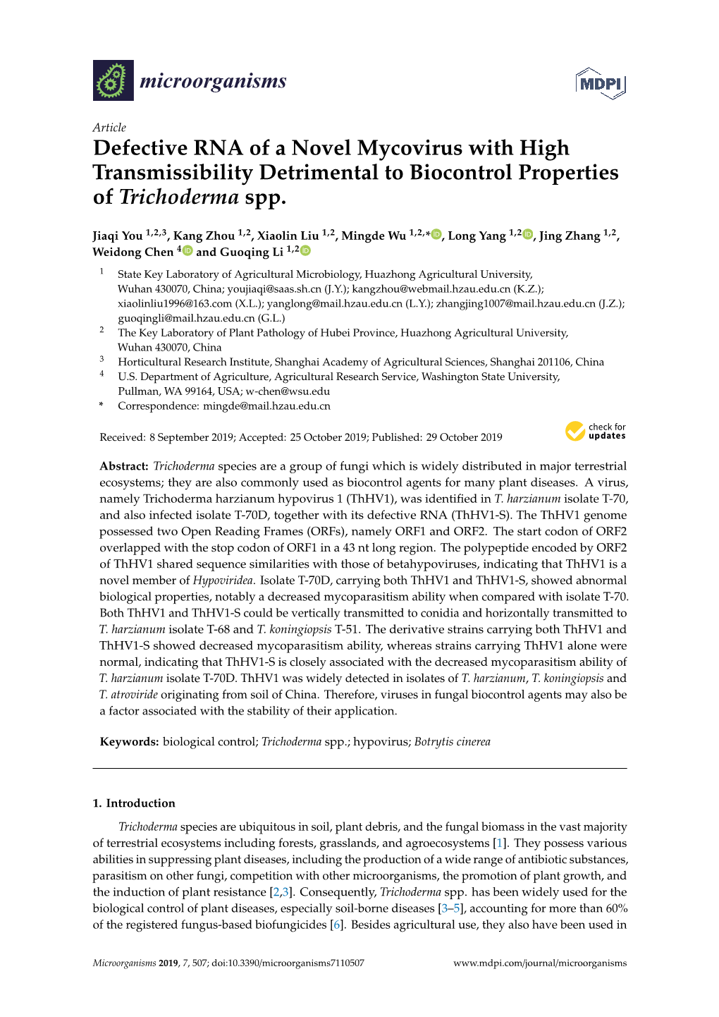 Defective RNA of a Novel Mycovirus with High Transmissibility Detrimental to Biocontrol Properties of Trichoderma Spp