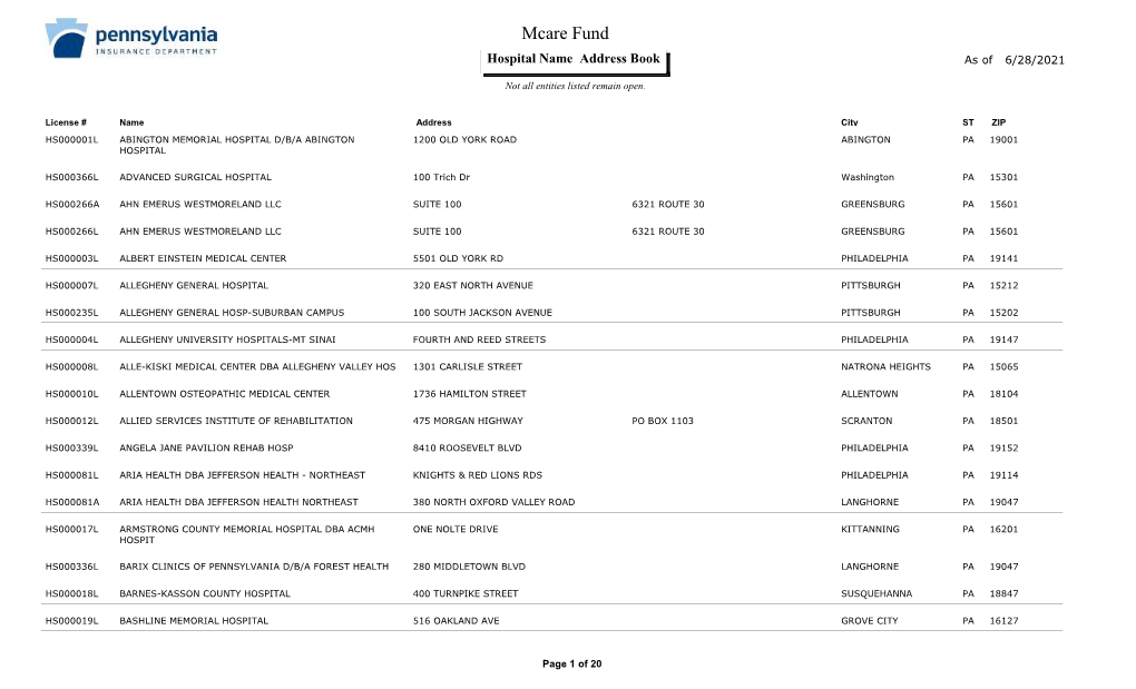 Hospital List 06-28-21