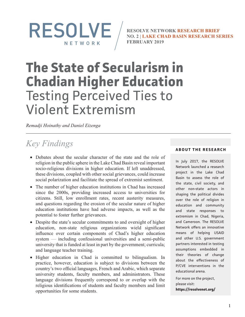 The State of Secularism in Chadian Higher Education Testing Perceived Ties to Violent Extremism