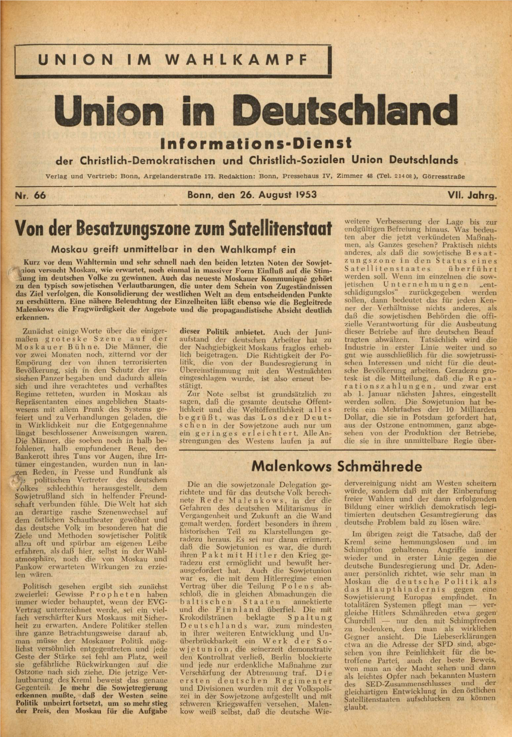 UID Jg. 7 1953 Nr. 66, Union in Deutschland