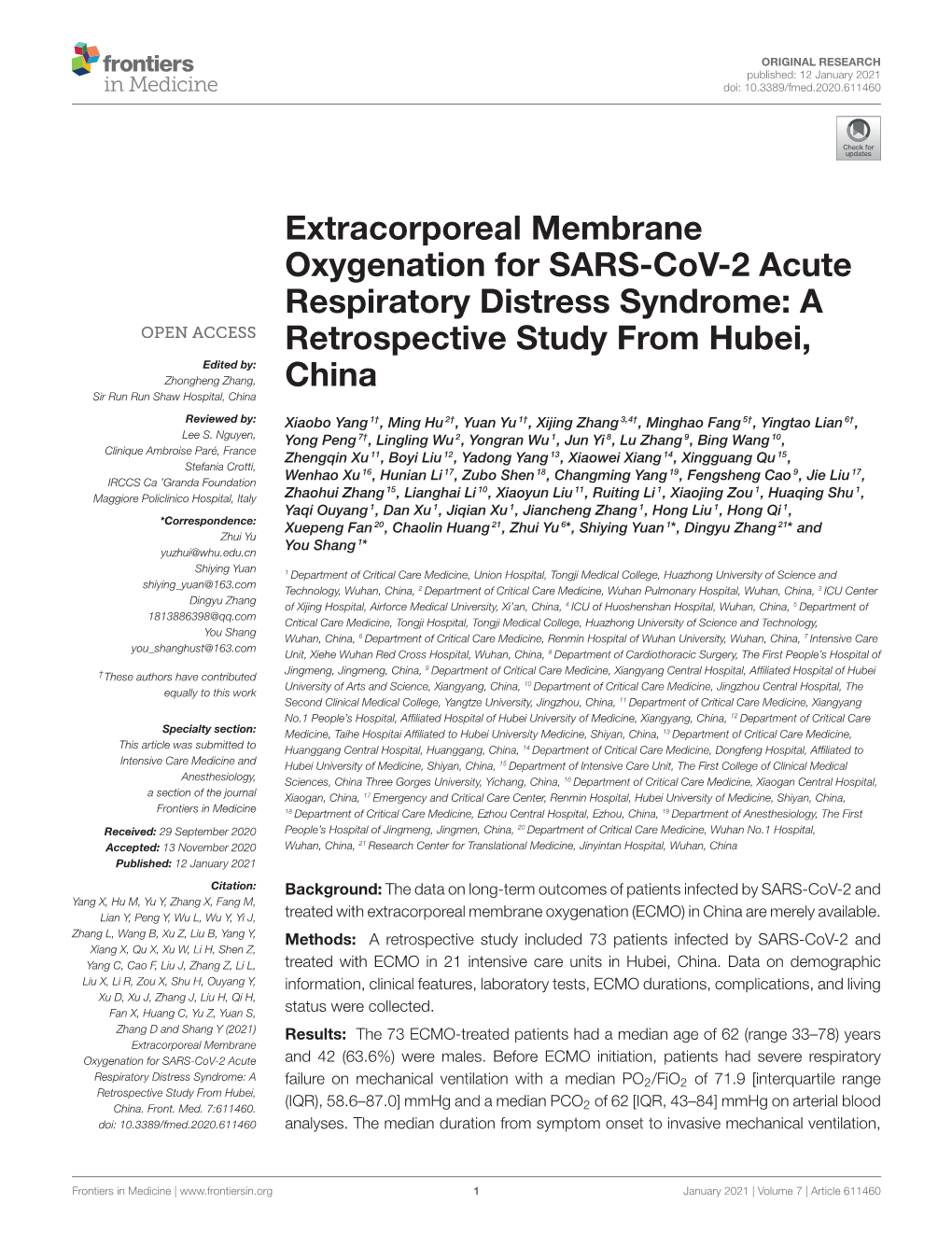 Extracorporeal Membrane Oxygenation for SARS-Cov-2 Acute Respiratory Distress Syndrome: a Retrospective Study from Hubei, China