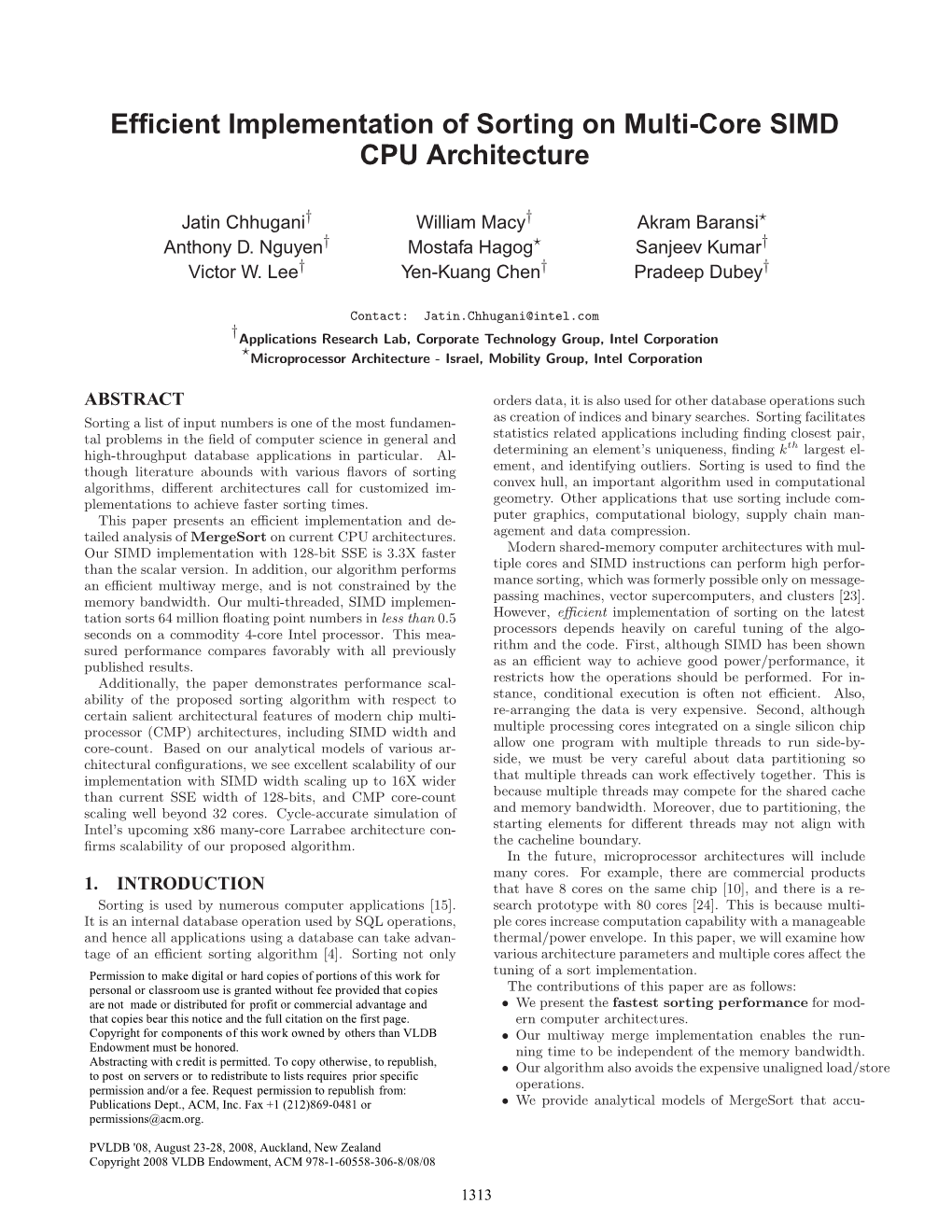 Efficient Implementation of Sorting on Multi-Core SIMD CPU Architecture