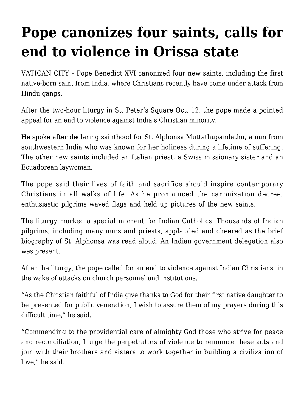 Pope Canonizes Four Saints, Calls for End to Violence in Orissa State