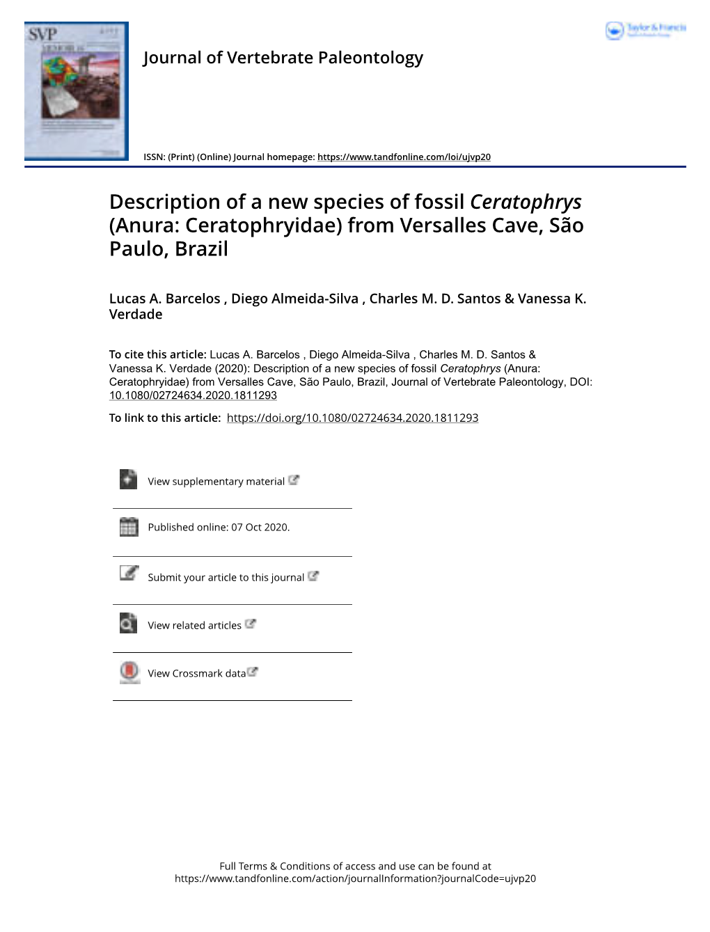 Description of a New Species of Fossil Ceratophrys (Anura: Ceratophryidae) from Versalles Cave, São Paulo, Brazil