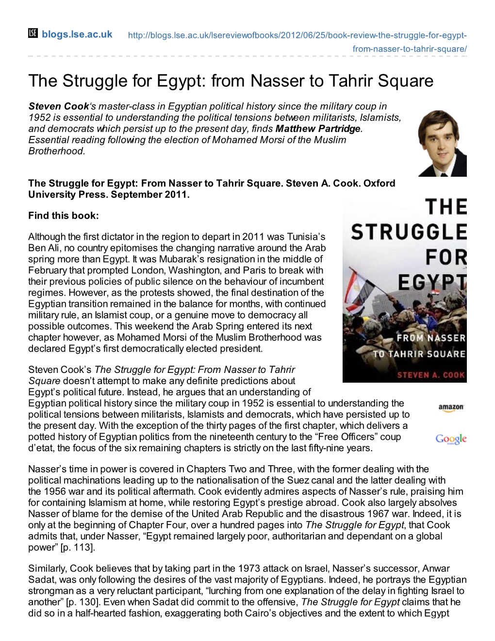 The Struggle for Egypt: from Nasser to Tahrir Square