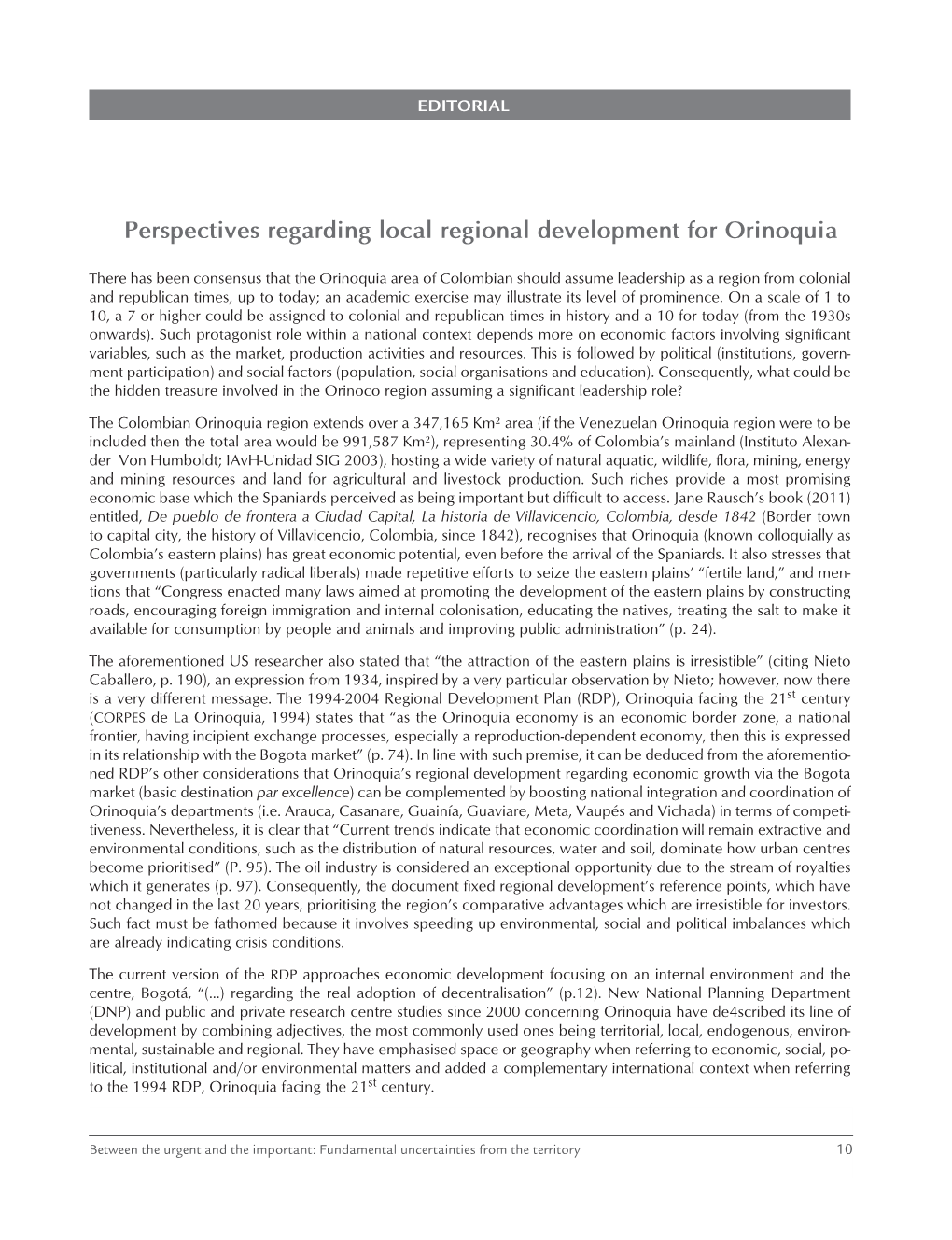 Perspectives Regarding Local Regional Development for Orinoquia
