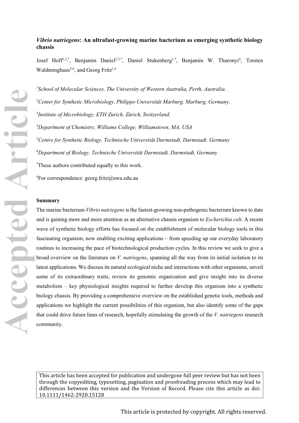 Vibrio Natriegens: an Ultrafast-Growing Marine Bacterium As Emerging Synthetic Biology Chassis