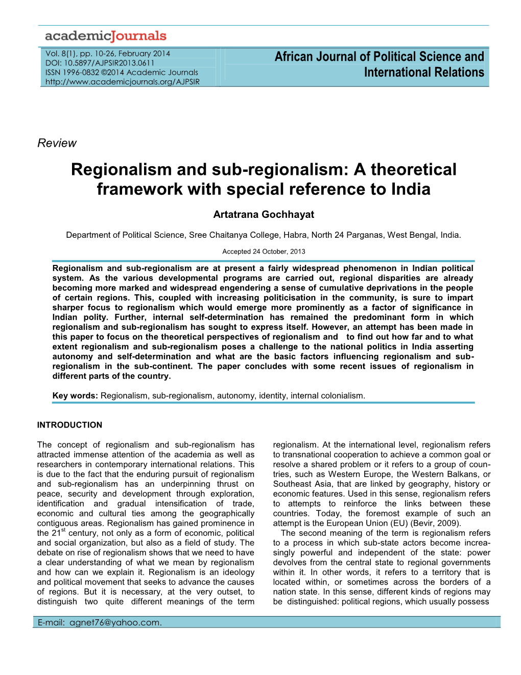 Regionalism and Sub-Regionalism: a Theoretical Framework with Special Reference to India