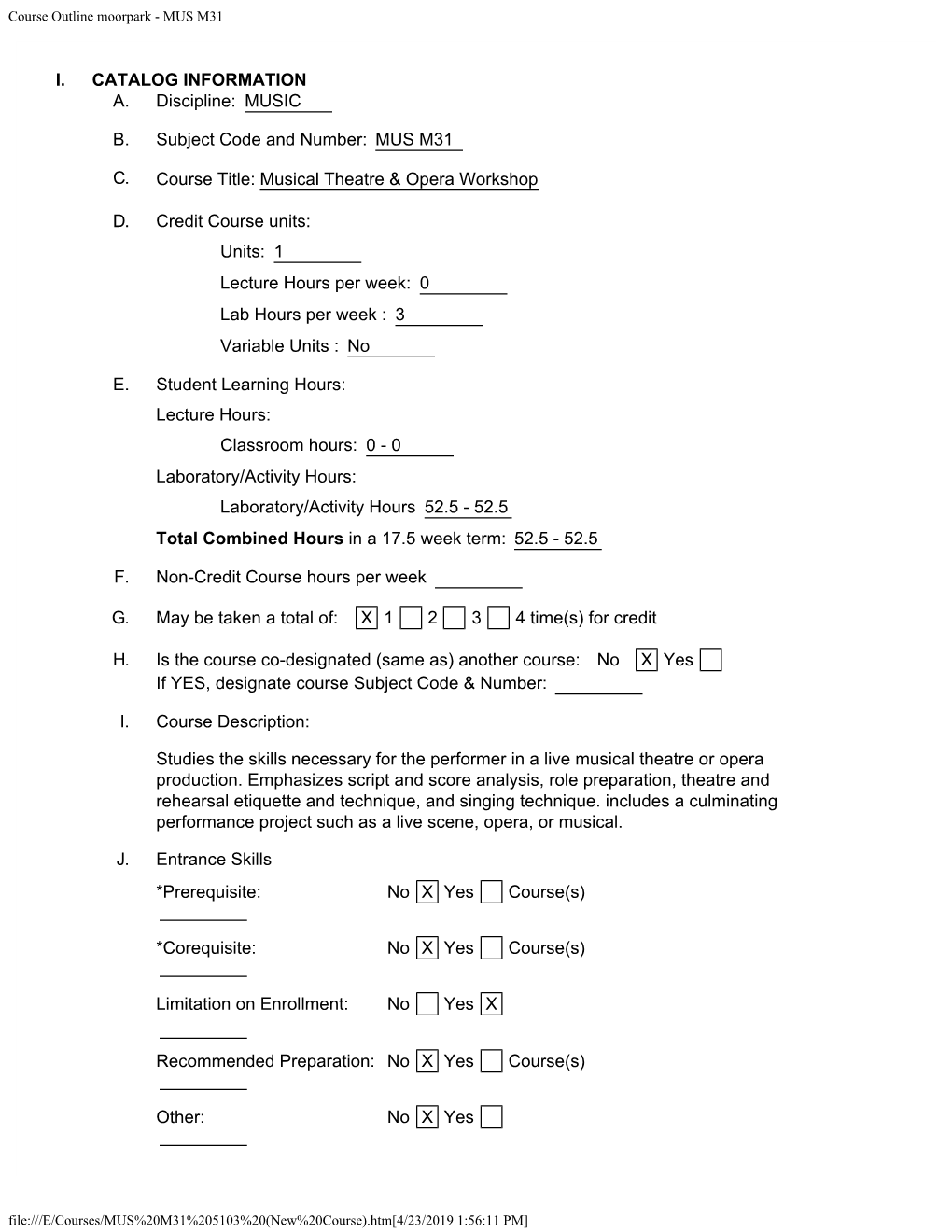 Course Outline Moorpark - MUS M31