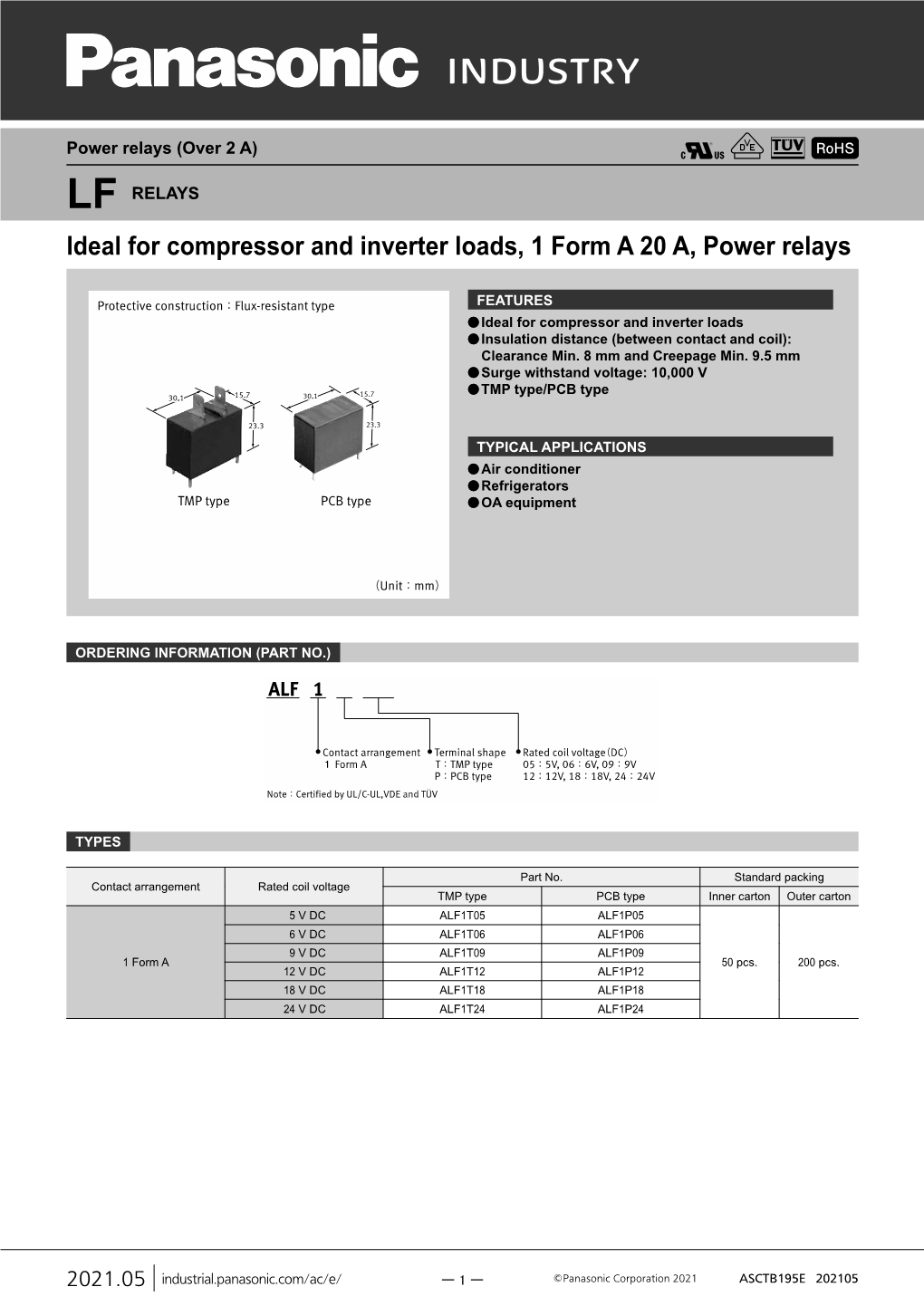 LF RELAYS Ideal for Compressor and Inverter Loads, 1 Form a 20 A, Power Relays