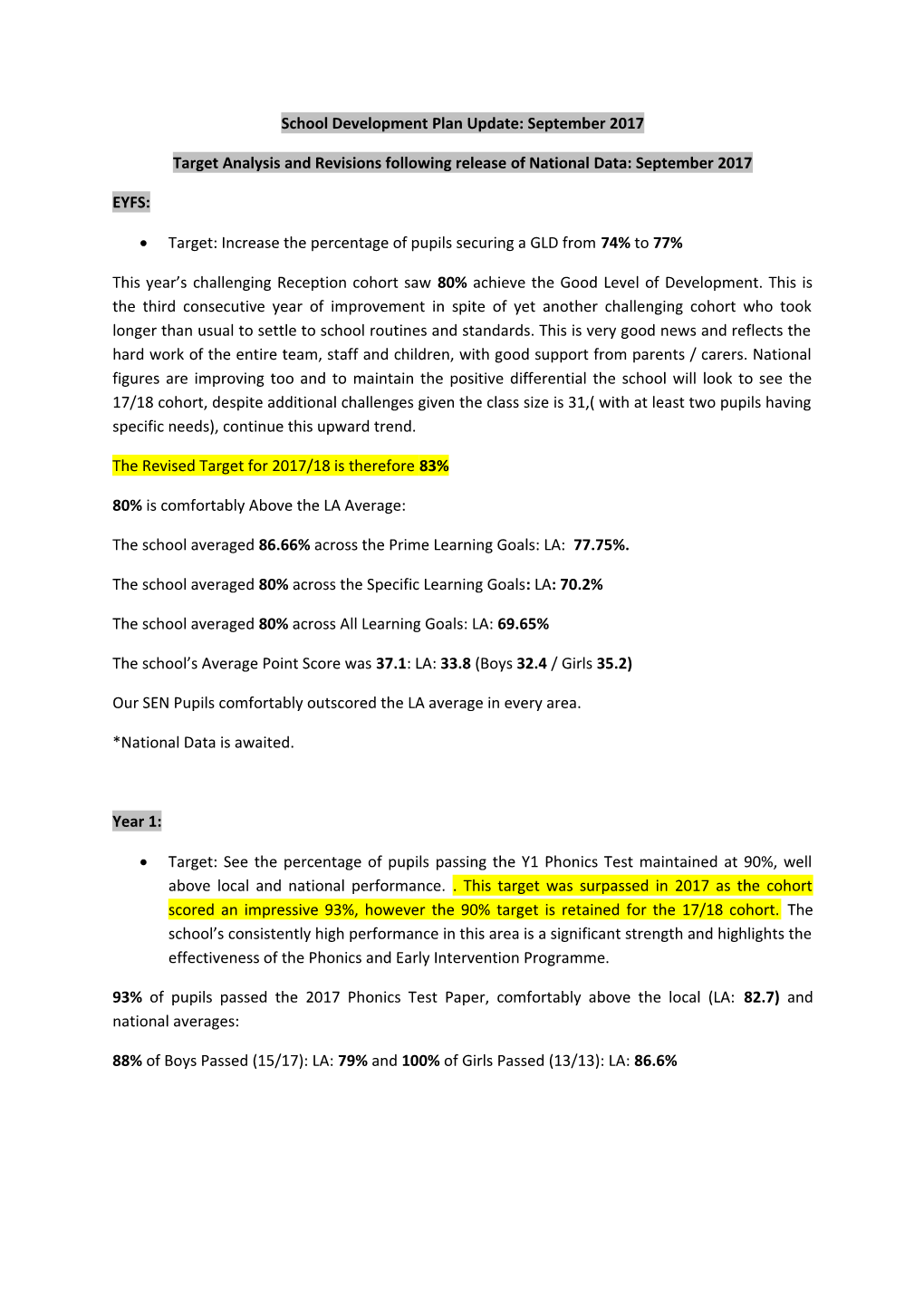 School Development Plan Update: September 2017
