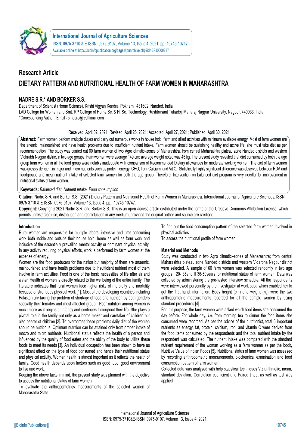 Research Article DIETARY PATTERN and NUTRITIONAL HEALTH of FARM WOMEN in MAHARASHTRA