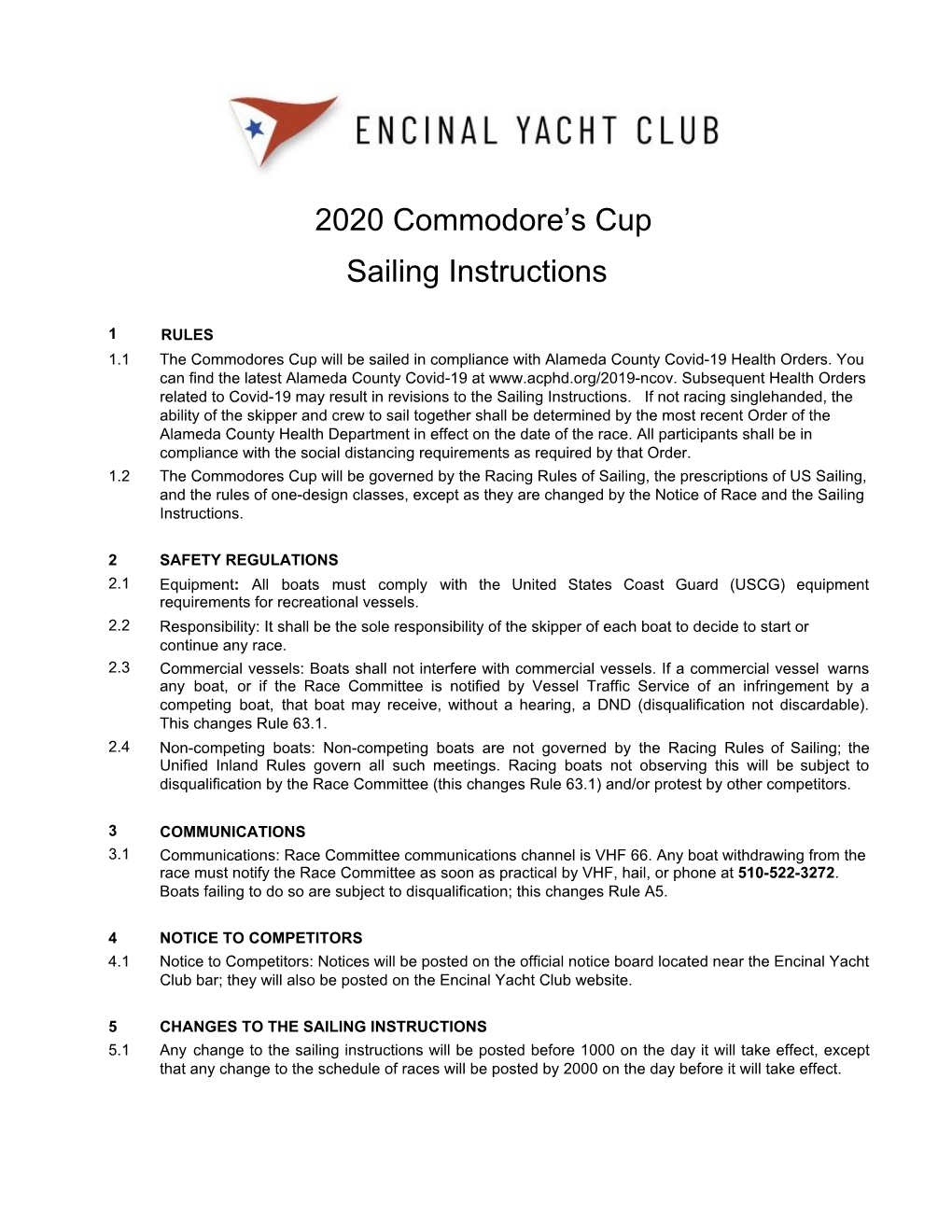 2020 Commodore's Cup Sailing Instructions