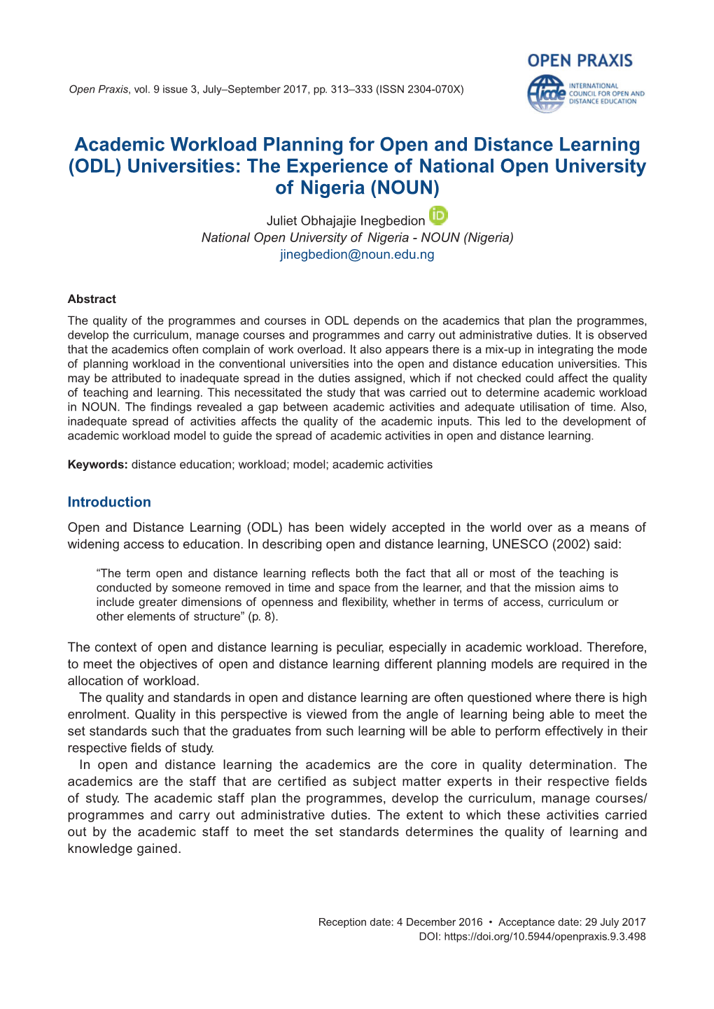 Academic Workload Planning for Open and Distance Learning (ODL) Universities: the Experience of National Open University of Nigeria (NOUN)